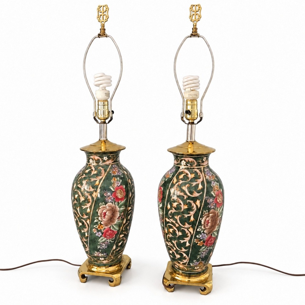 Vtg Asian Chinoiserie Style Table Lamps Pair Floral Gold Tone Brass Bases 32"